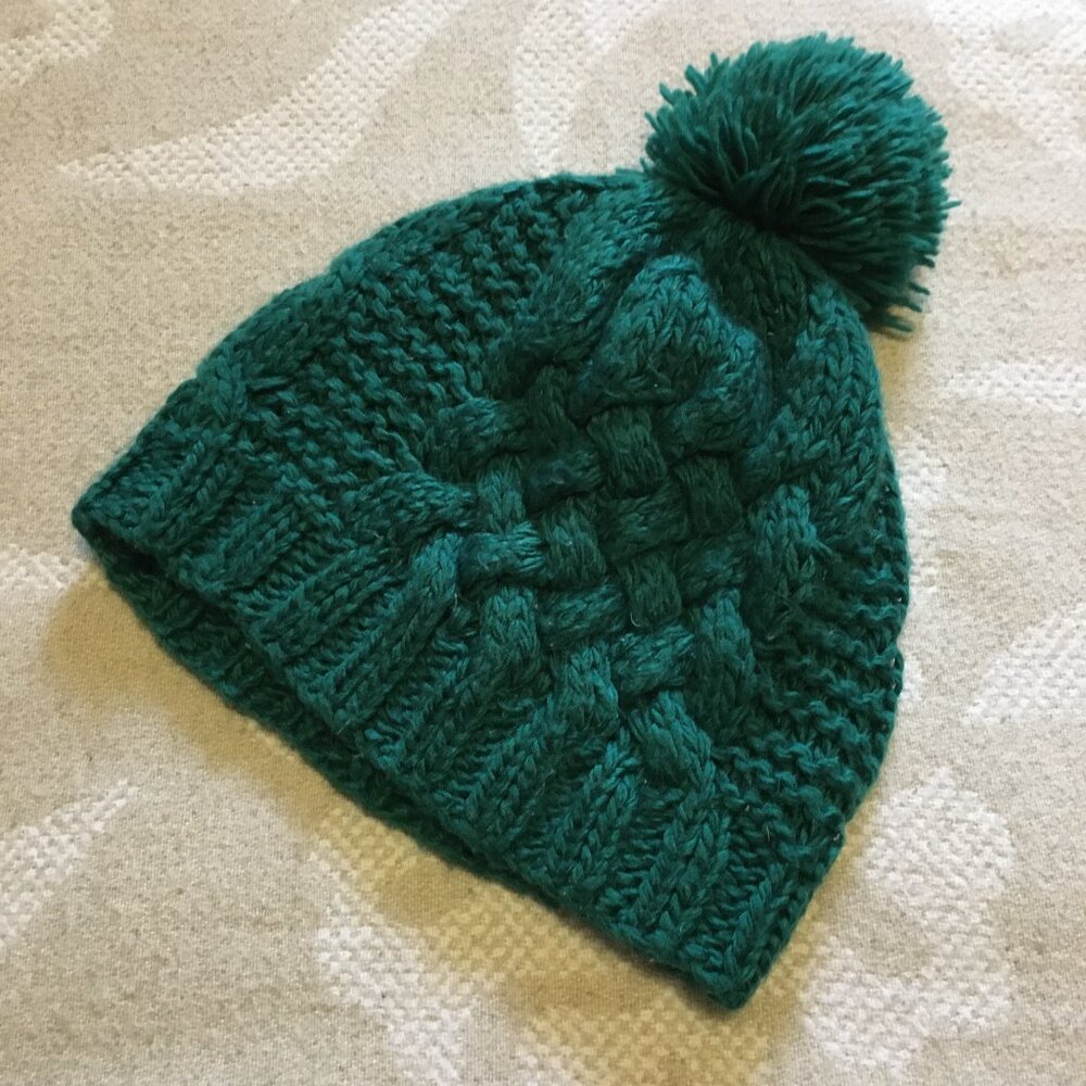 Chunky Loose Knit Turquoise Beanie with Pom Pom Winter Toque OS